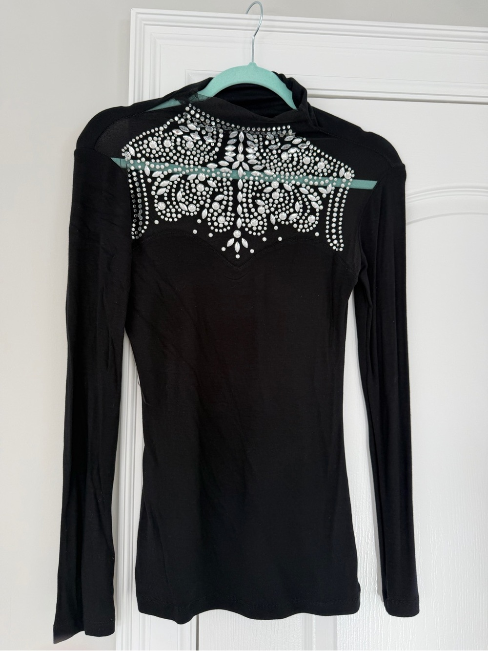 Black Long-Sleeve Mesh Top with Rhinestone Back Detail
